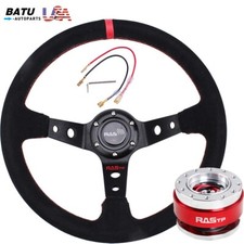 Suede Leather Deep Dish 93mm Drifting Racing Steering Wheel w/ Quick Release Kit picture
