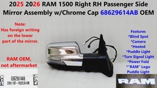 25 26 RAM 1500 RH Passenger Side Mirror Chrome w/Camera Foreign Text 68629614AB picture