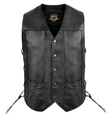 Mens Genuine Leather Motorcycle Biker Vest 10 Pockets Side Laces Black all Size picture