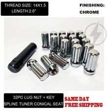 Fit RAM 2500 3500 Dually Spline Conical Seat Lug Nut 2” 14x1.5 Chrome 32pc +Key picture