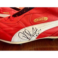 Vintage Puma King OG football boots in red/white, signed on both boots. picture