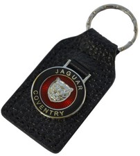 Jaguar Coventry cat face leather and enamel car key ring / fob picture
