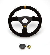 OMP Targa Steering Wheel 330 mm Diameter Flat 3-Spoke Black Suede Yellow Stripe picture
