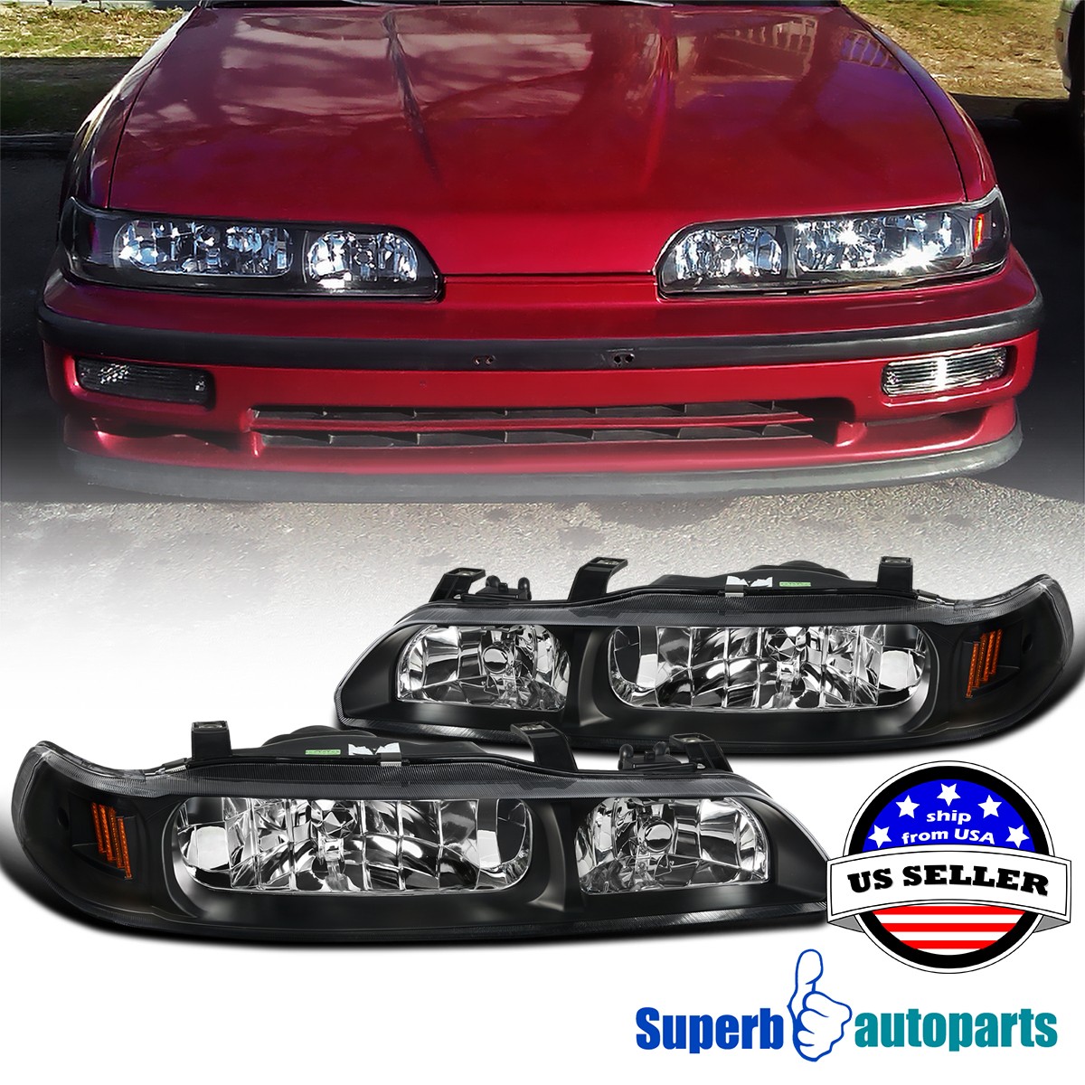 Black Housing Fits 1990-1993 Acura Integra 1PC Style Headlights Left+Right