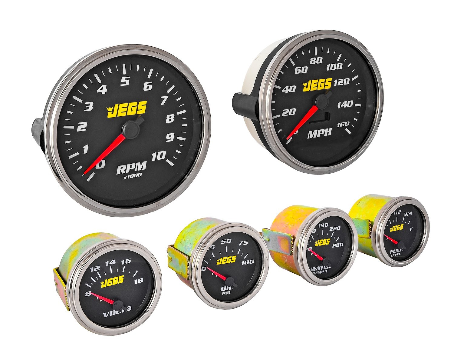JEGS 6-Gauge Set, Black Analog Face [5 in. Dia. Speedometer & Tachometer]