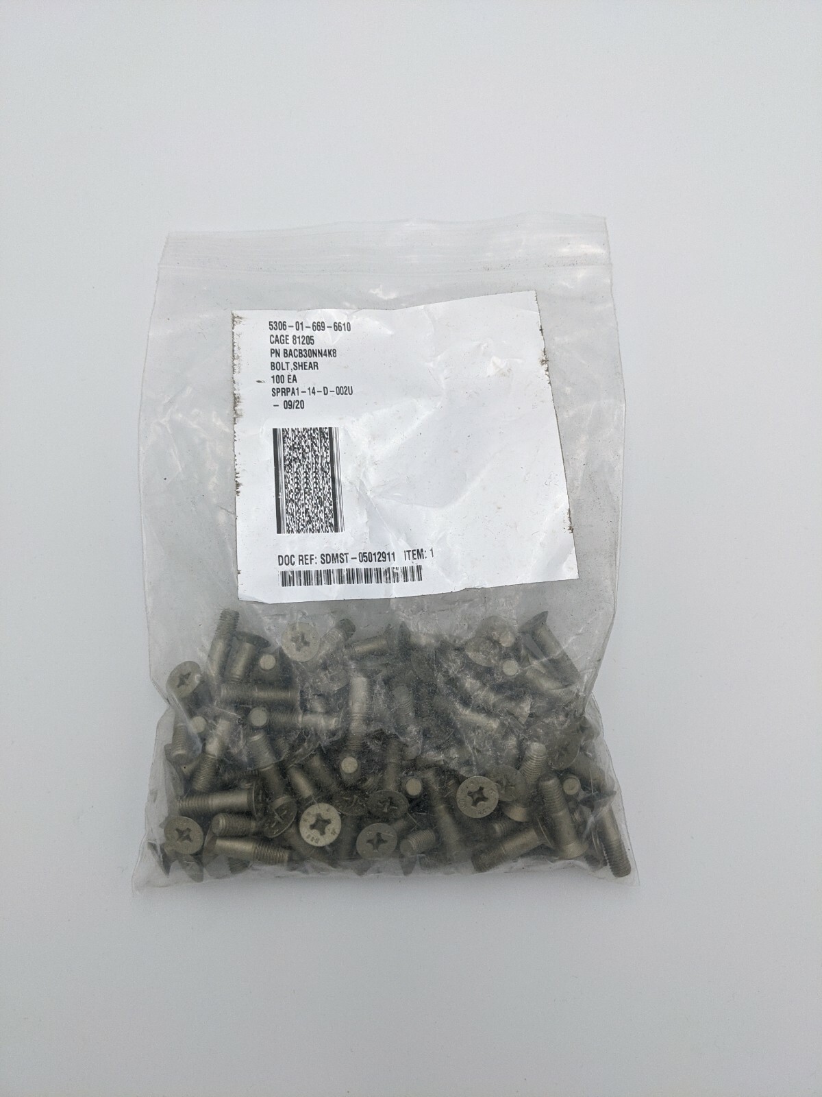100 Flush Screw, Bolt Shear, Boeing Aircraft BACB30NN4K8