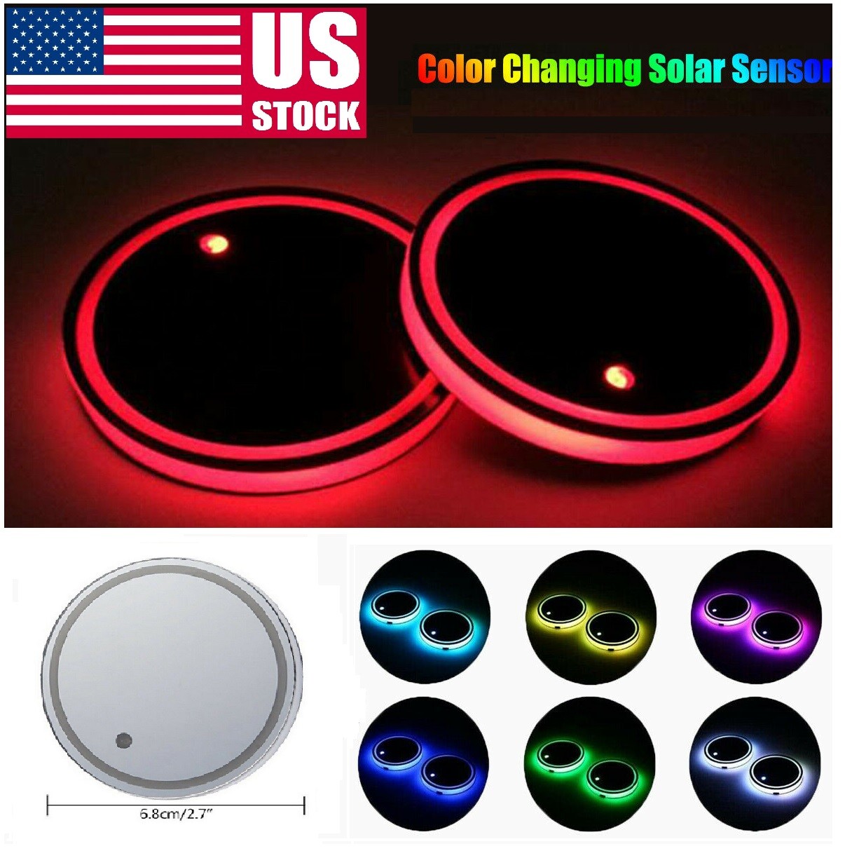 1Pc Cup Pad Car Accessories LED Light Cover Interior Decoration Lamp 7 Colors US