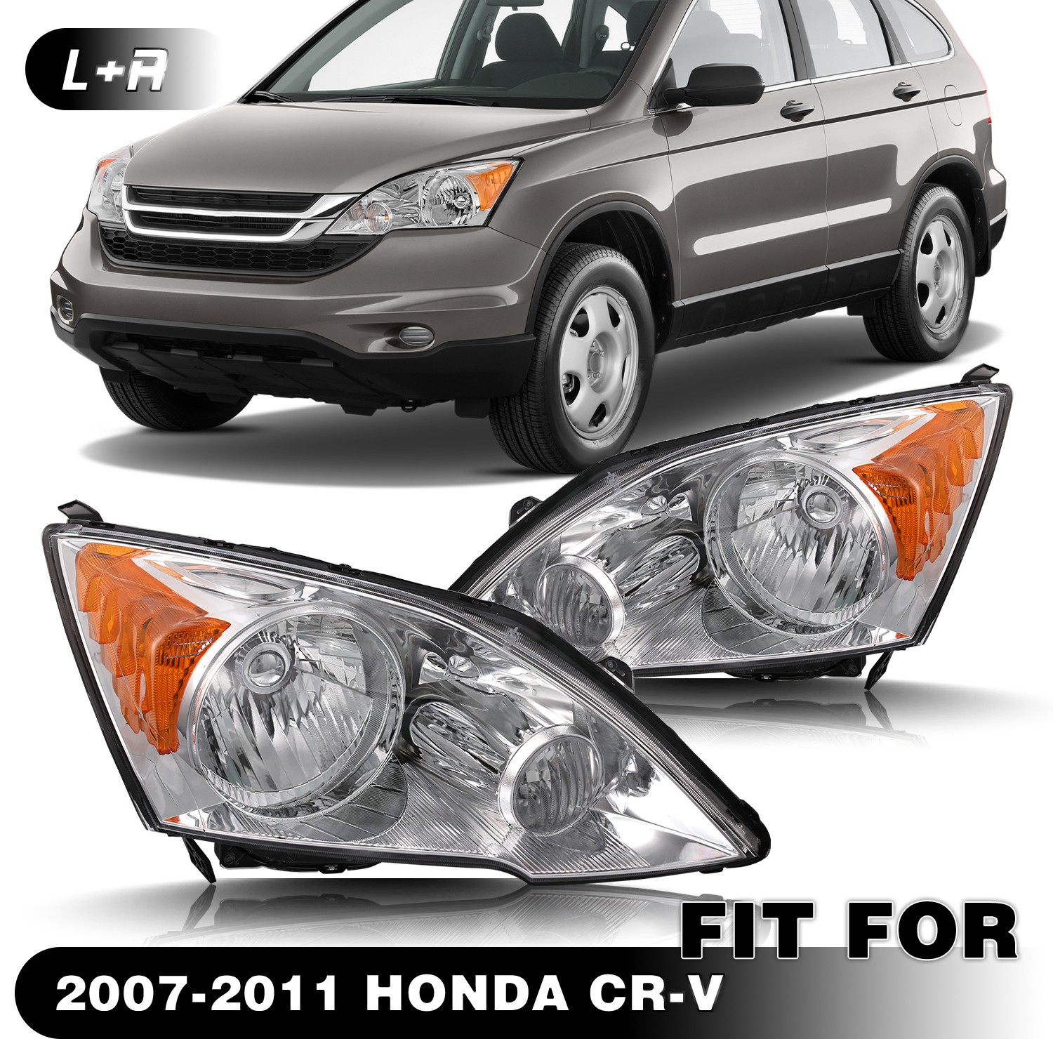 For 2007-2011 Honda CR-V Chrome Housing Amber Reflector Headlights Assembly Pair