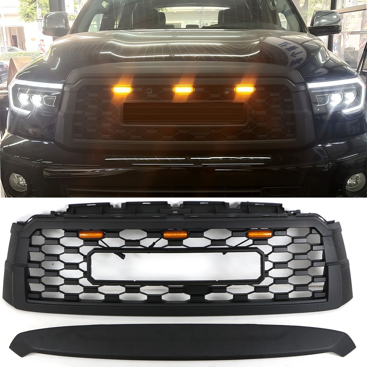 Black Front Grille Fits For Toyota Sequoia 2019 2020 2021 Bumper Grill W/Light