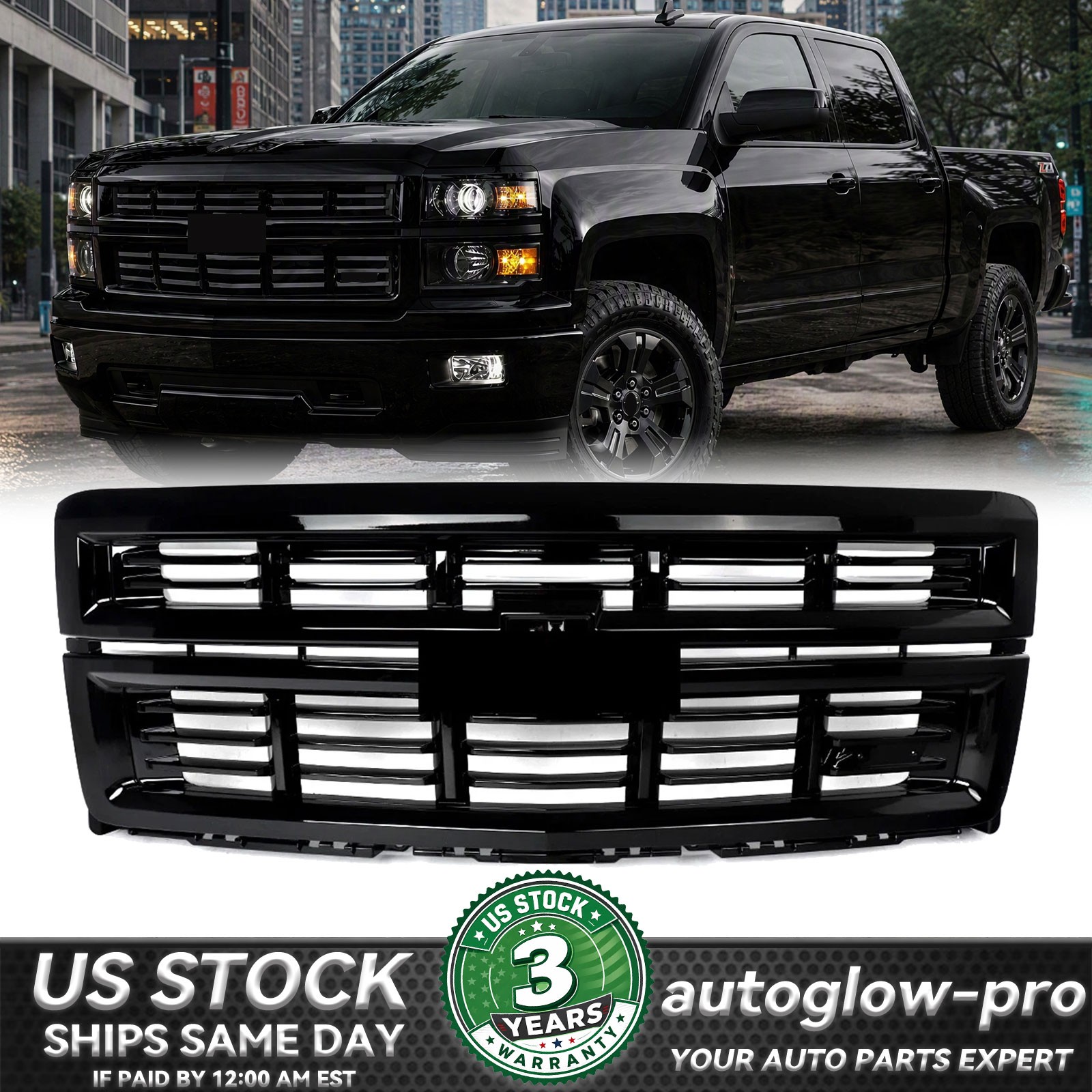 Full Gloss Black Front Upper Grille For 2014-2015 Chevrolet Silverado 1500 Z71