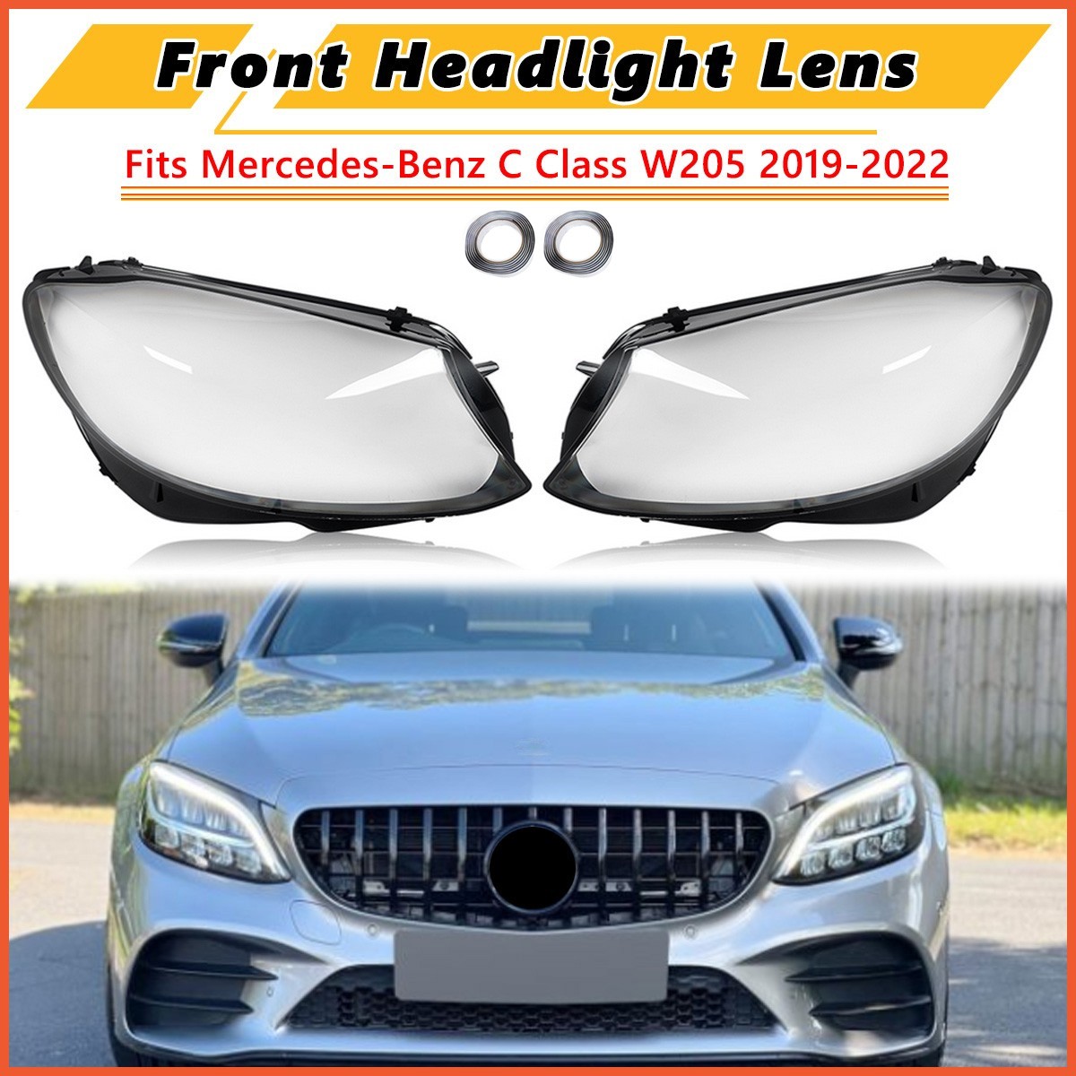 Pair For 2019-2022 Mercedes-Benz C Class W205 Clear Headlight Lens Lamp Covers