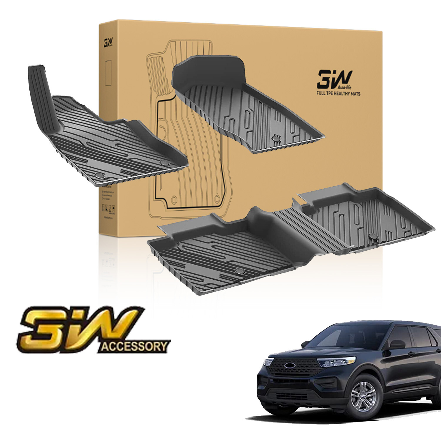 3W Durable Floor Mats 2-Rows Fit For 2020-2023 Ford Explorer Floor Liner Custom