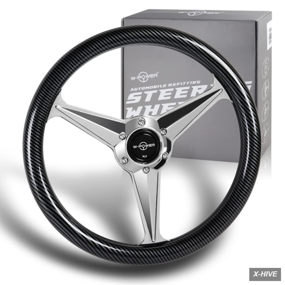 14 Universal 350mm 6 Bolt Hole Carbon Fiber Grip Steering Wheel Silver 3-Spoke