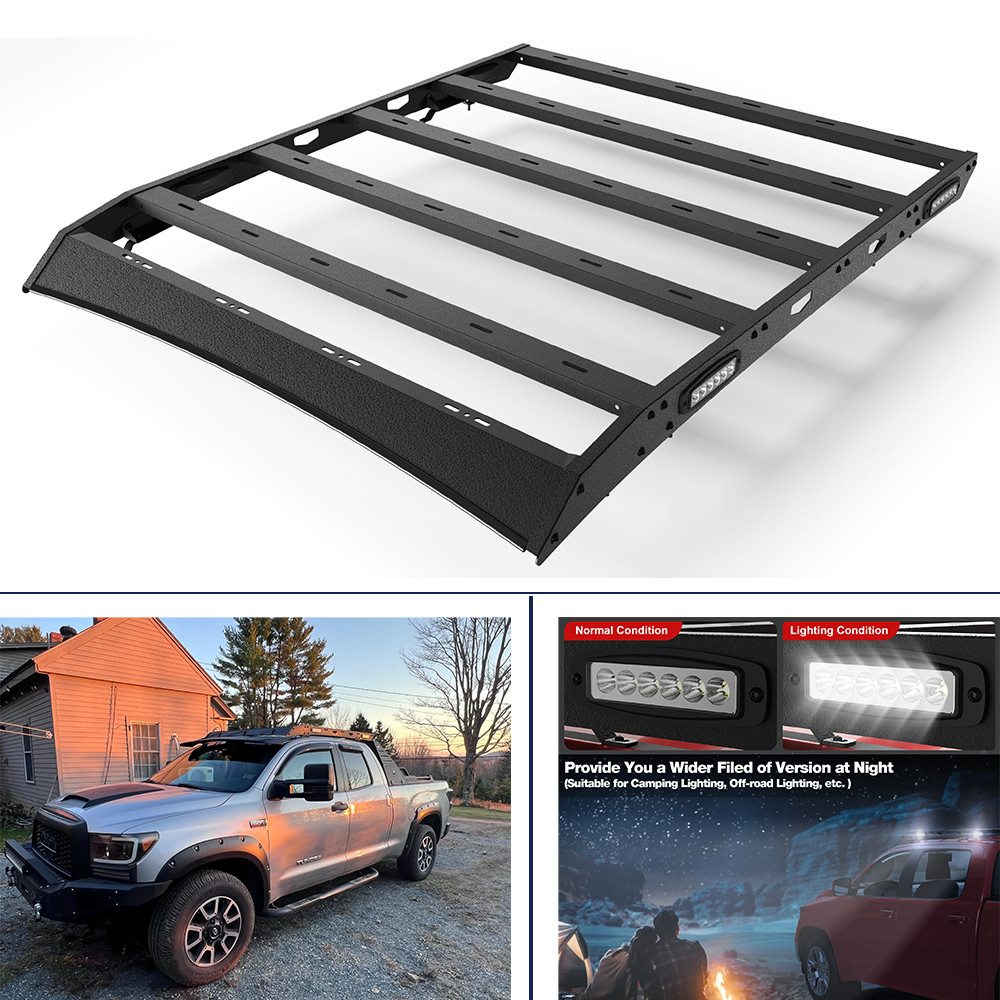 For 2007-2021 Toyota Tundra Crew Cab w/ LED Lights Top Roof Rack Cargo Carrier