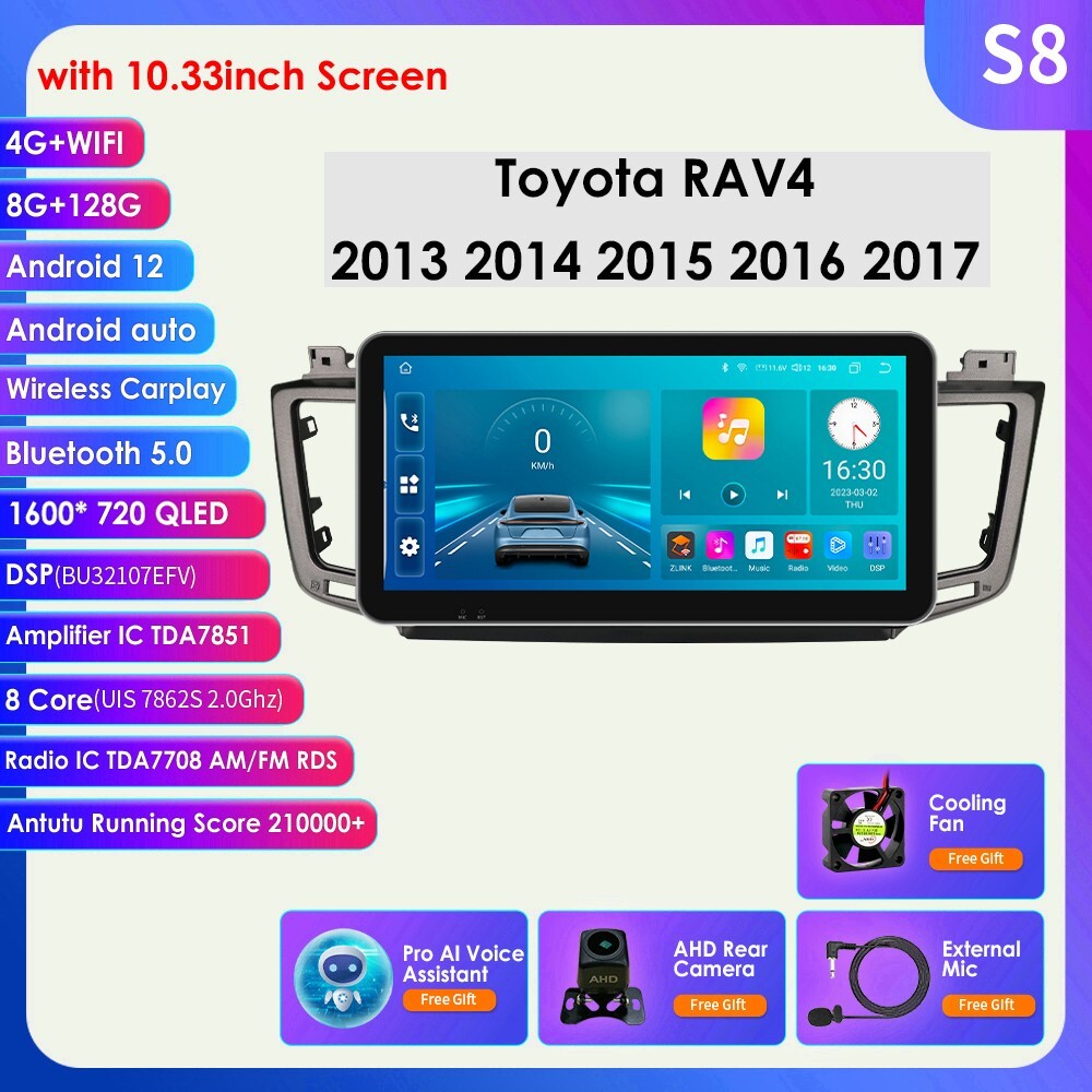 8+128G For Toyota RAV4 2013-2018 Car Radio CarPlay Android 12 GPS Wifi BT5.0 PIP