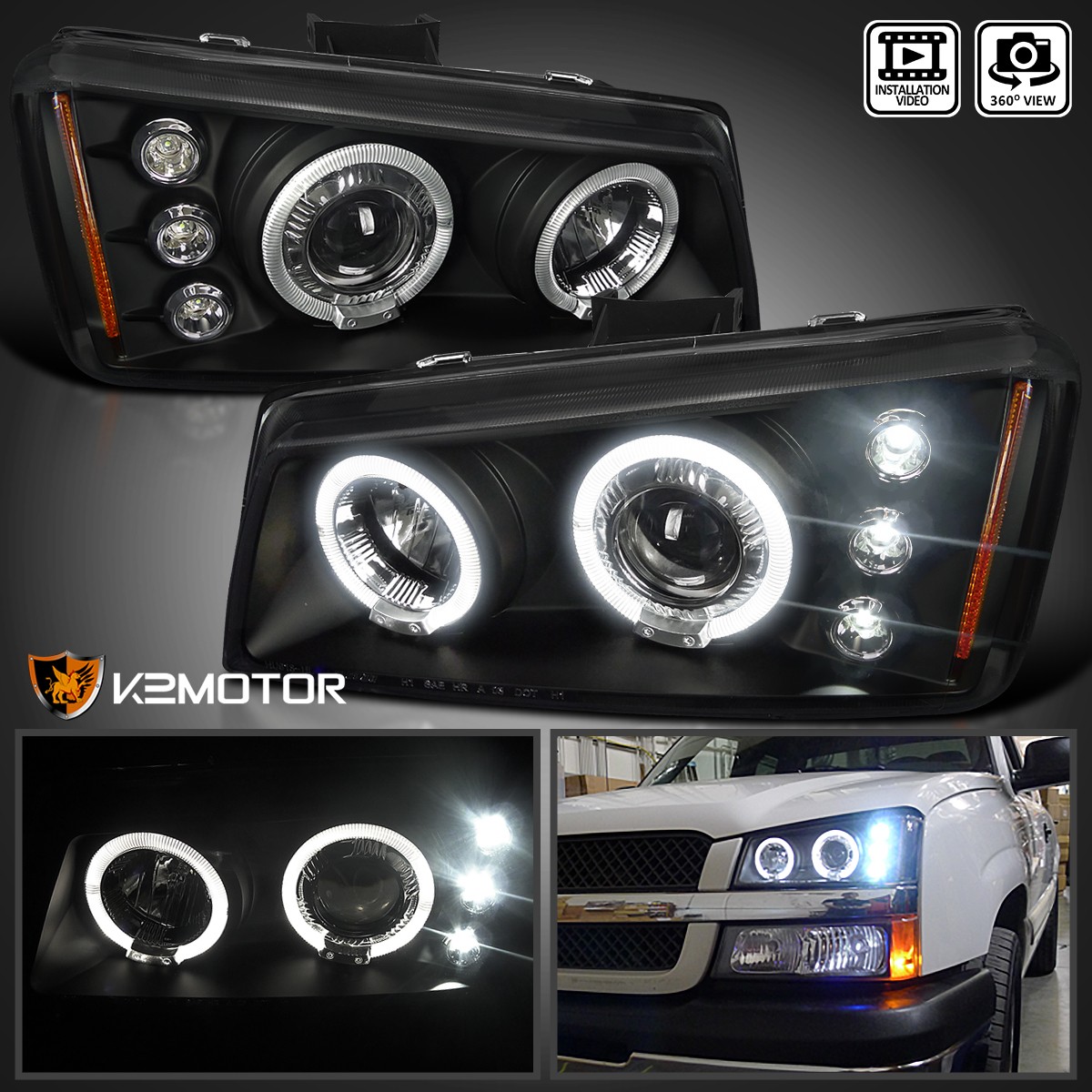 Fit 2003-2007 Chevy Silverado Avalanche Black Projector Headlights LED Halo Pair