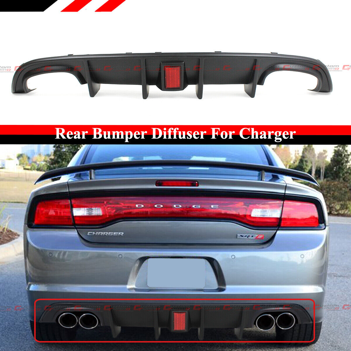 For 12-14 Dodge Charger SRT 8 Quad Exhaust Rear Bumper Diffuser W/ Red Reflector