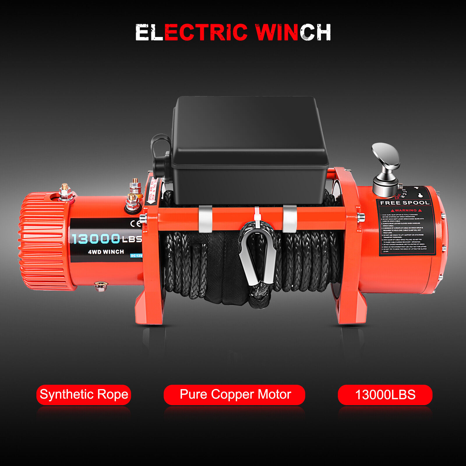 13000LBS Electric Winch 12V Synthetic Rope Off-Road For Jeep Truck 4WD w/ cover