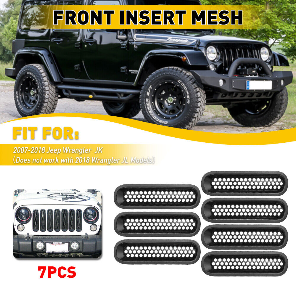 7PCS Black Front Insert Mesh Cover Grille Trim for 2007-17 Jeep Wrangler JK JKU
