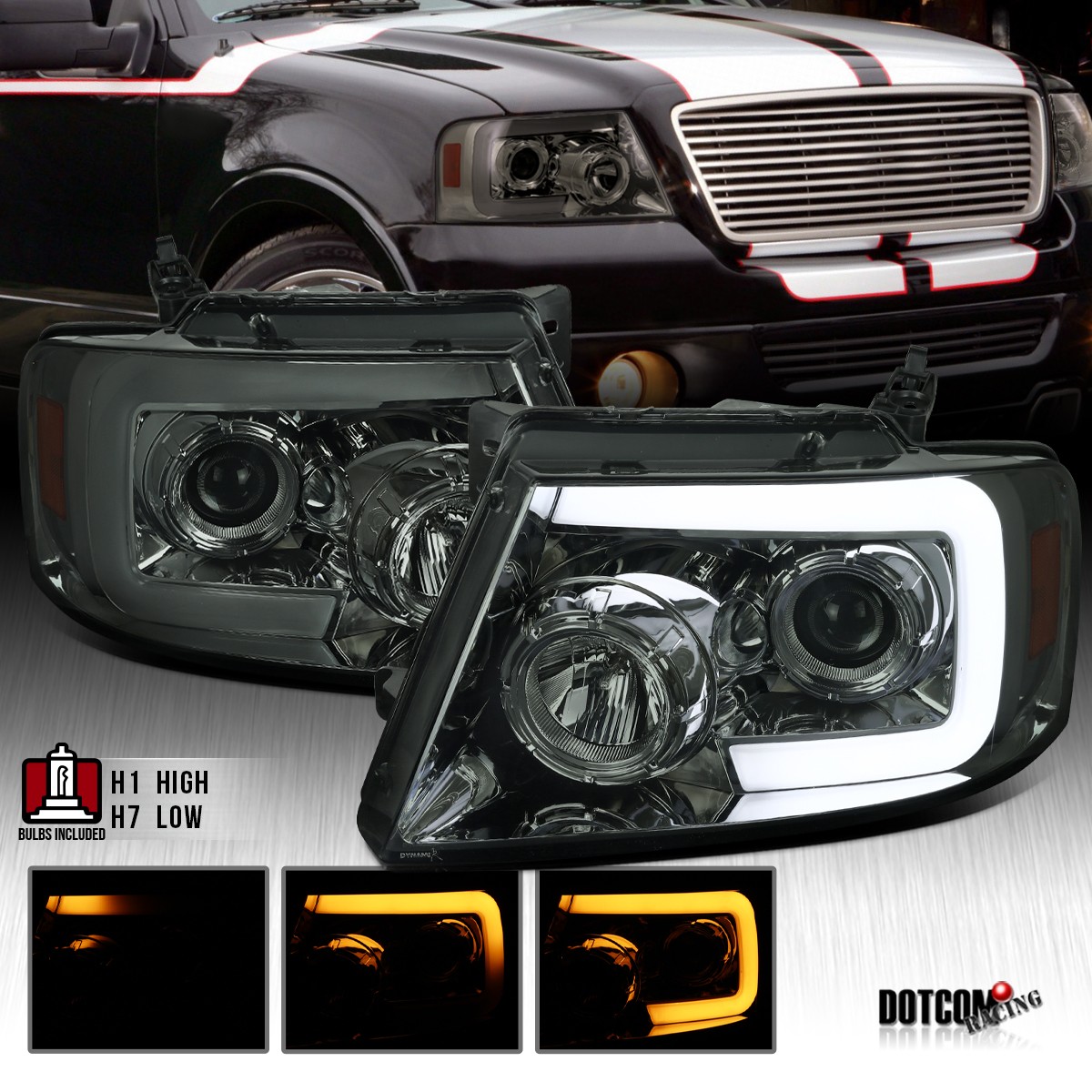 Fit 2004-2008 Ford F150 Smoke Projector Headlights Headlamp LED Sequential 04-08