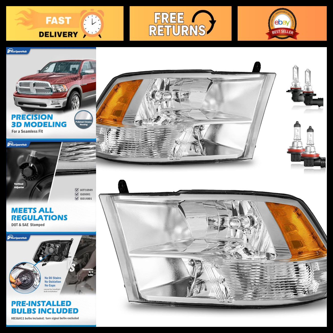 2009-2018 Dodge Ram 1500 Headlights Set - Driver & Passenger Side, Bright LED Up
