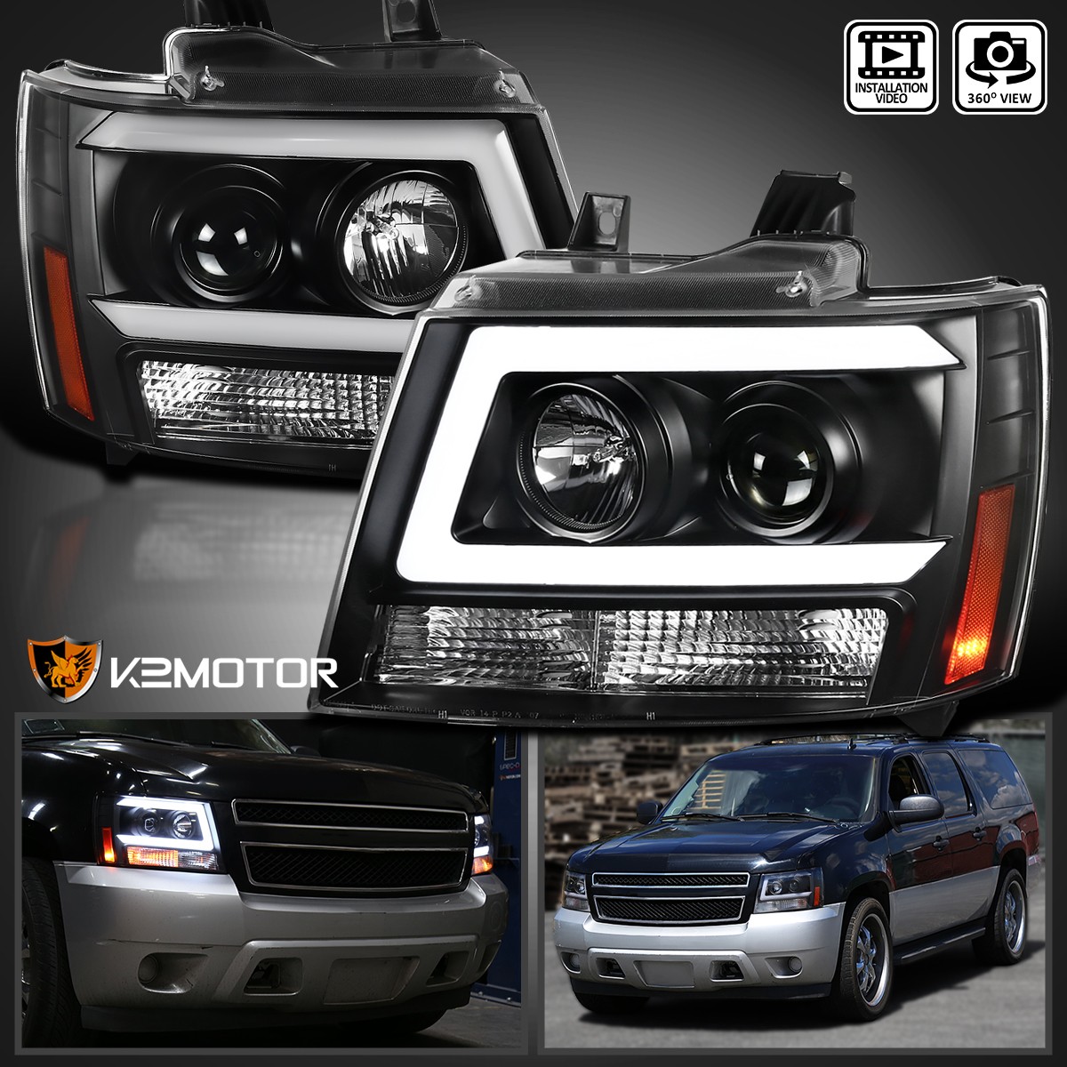 Fits 2007-2014 Chevy Suburban Avalanche Tahoe Black Projector Headlights LED Bar