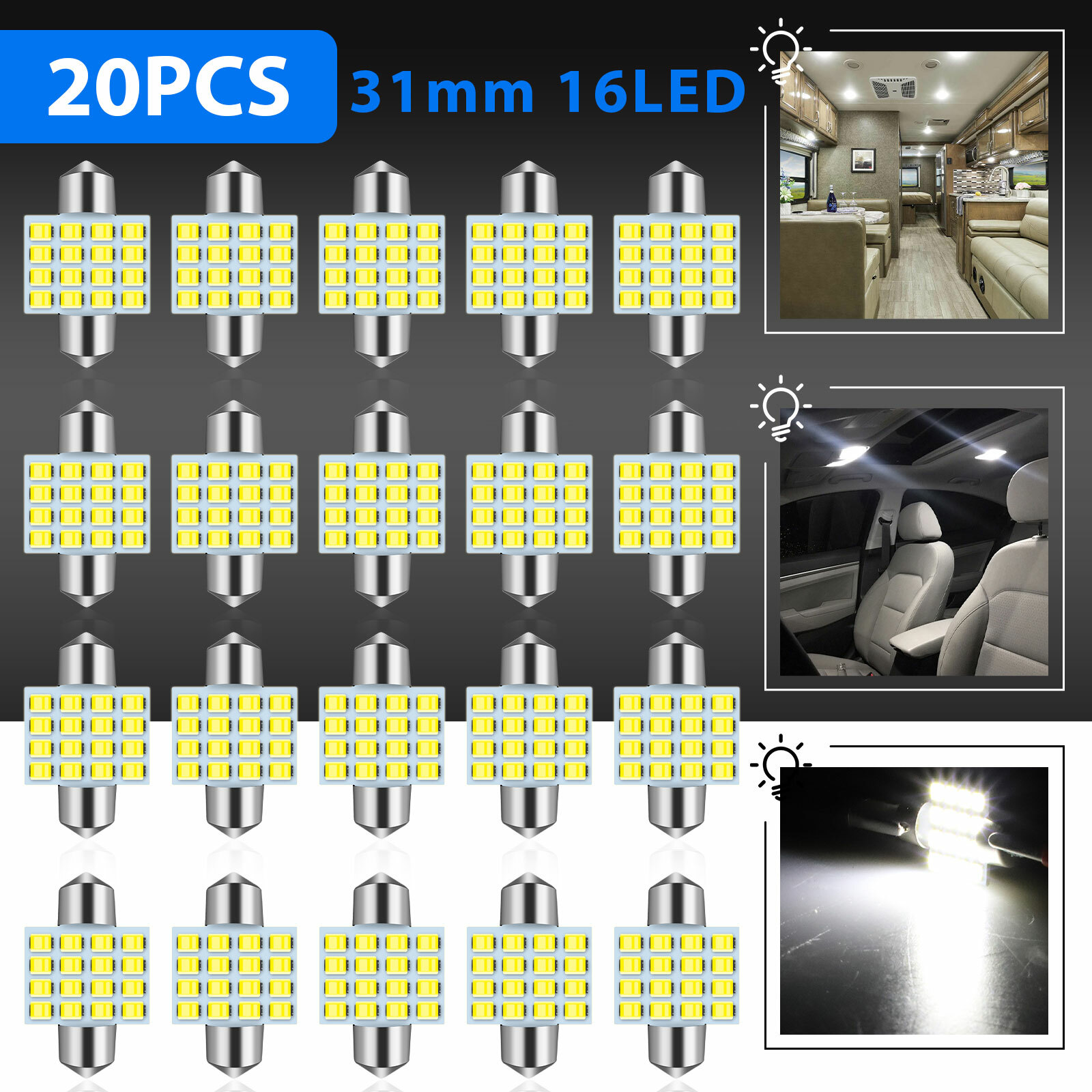 20Pcs 31MM Festoon DE3175 LED Map/Dome Interior Light Bulbs 6000K White CANBUS 20Pcs 31MM Festoon DE3175 LED Map/Dome Interior Light Bulbs 6000K White CANBUS