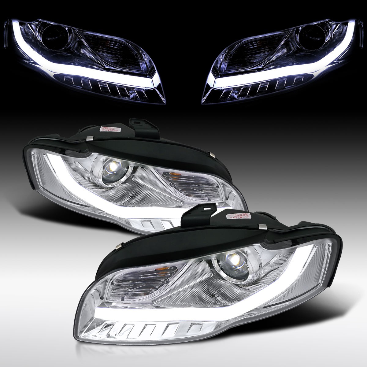 Fit 2005-2008 Audi A4 LED Bar Projector Headlights Halogen Head Lamps Left+Right