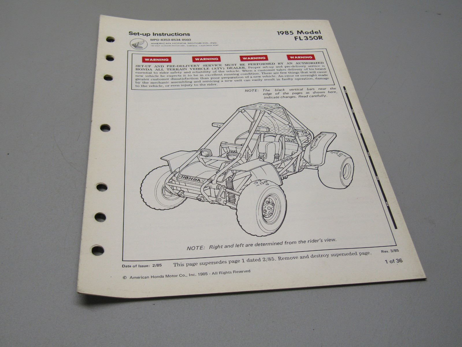 1985 HONDA FL350R ODYSSEY GENUINE DEALER SET UP INSTRUCTIONS 36 PAGES