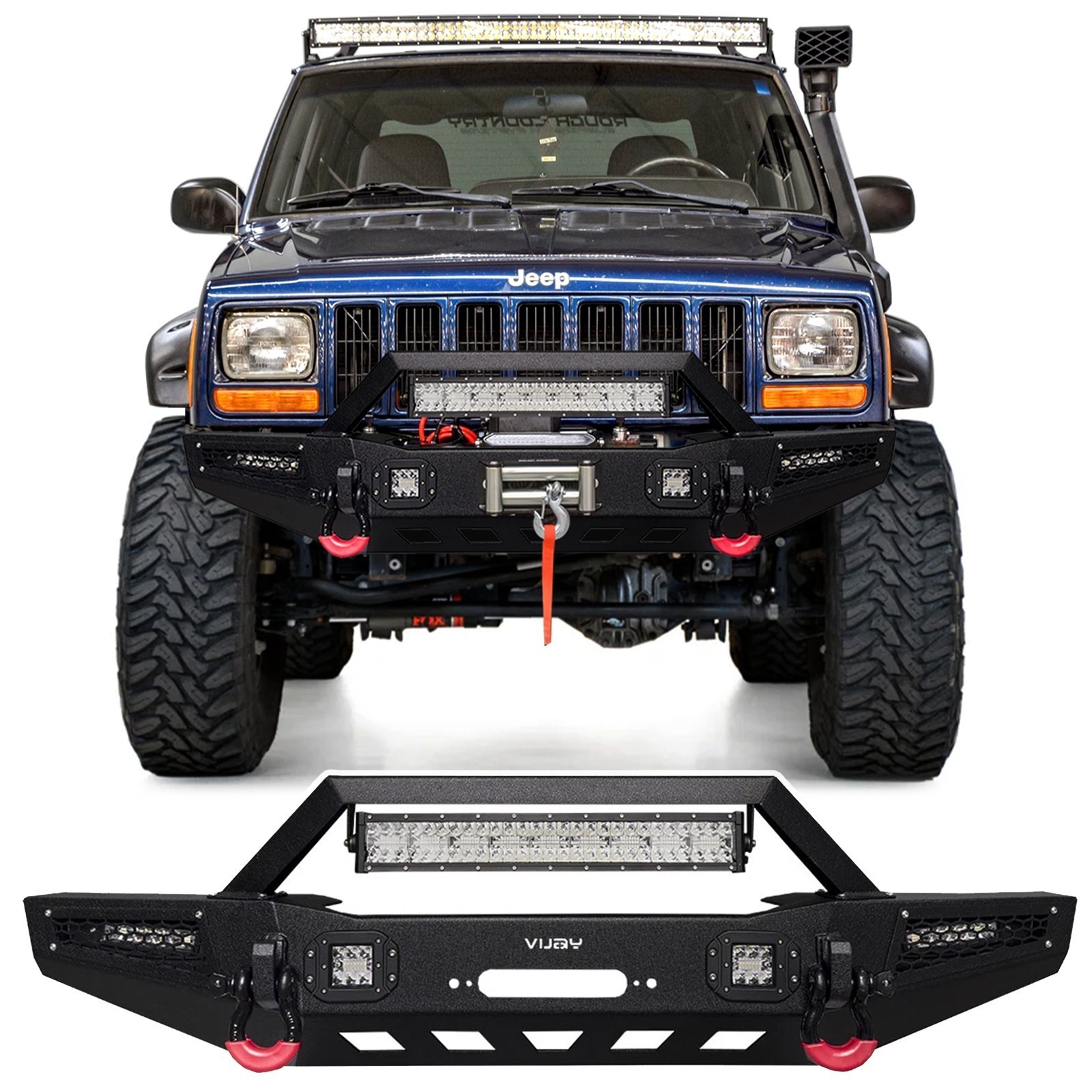 Vijay Black Front Bumper W/LED Lights For 1984-2001 Jeep Cherokee XJ/Comanche MJ