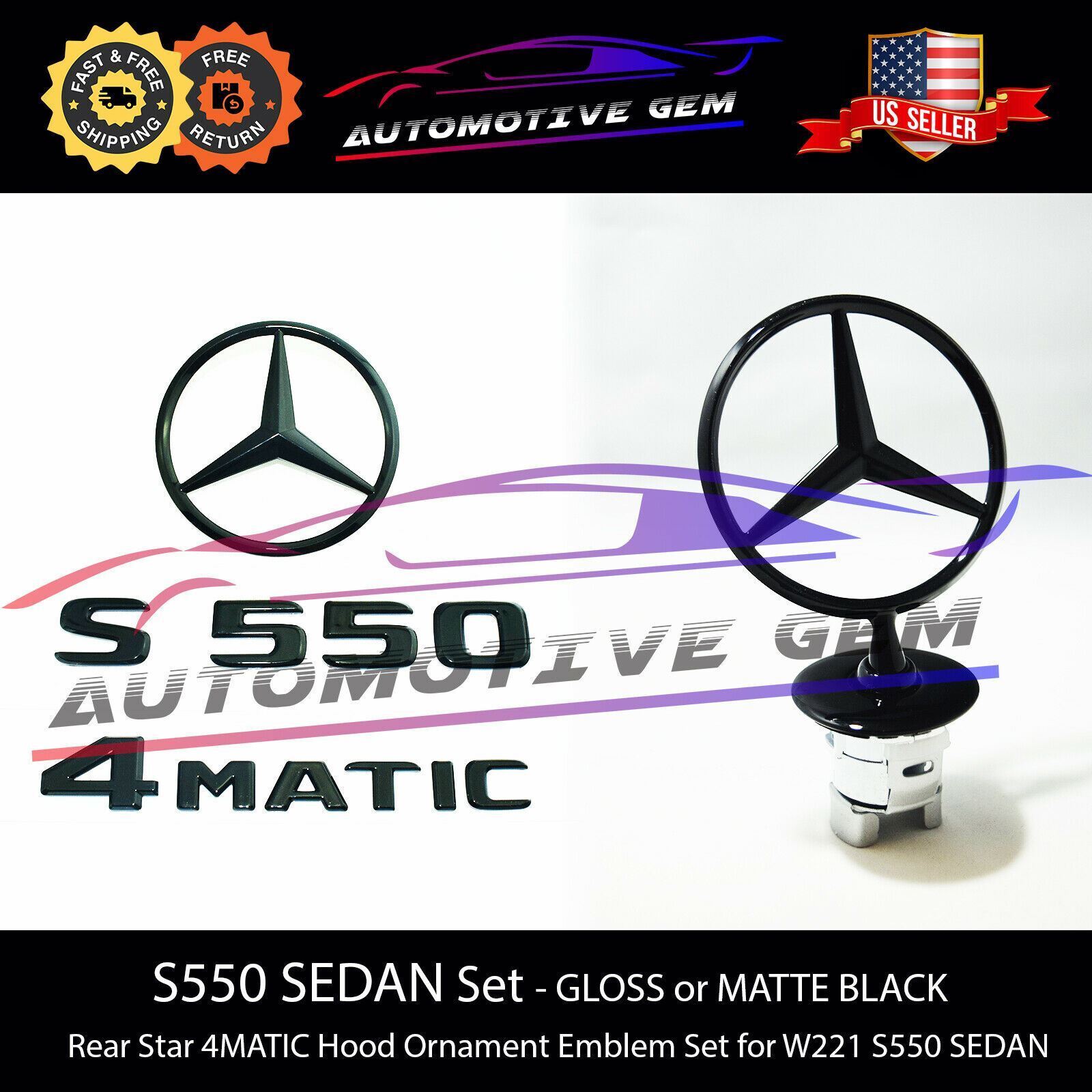 S550 4MATIC Rear Star Emblem Black Badge Logo Hood Ornament Mercedes W221 Sedan