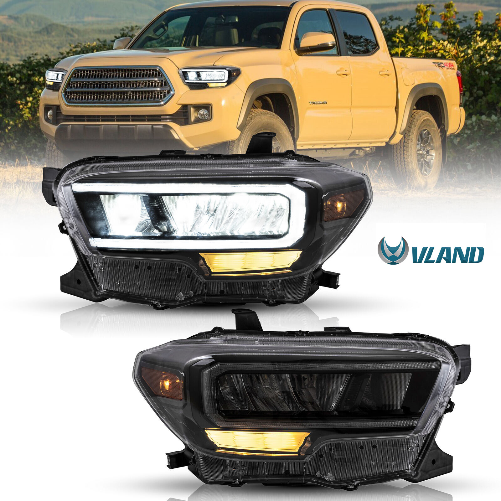 VLAND Full LED DRL Reflector Headlights For 2015-2022 Toyota Tacoma Front Lamps