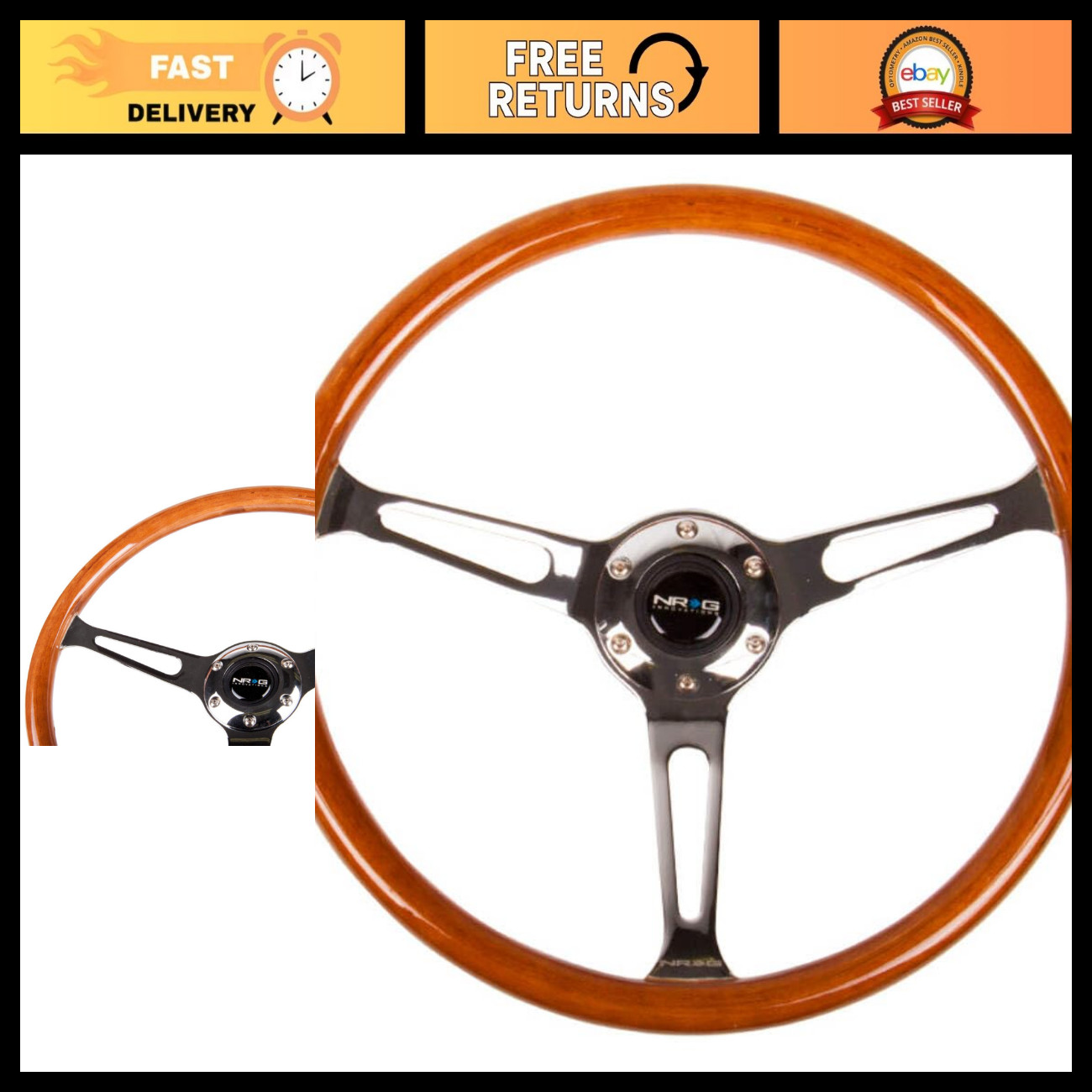 Reinforced Classic Wood Grain Steering Wheel 360mm, 3 Spoke Chrome Center, Mahog