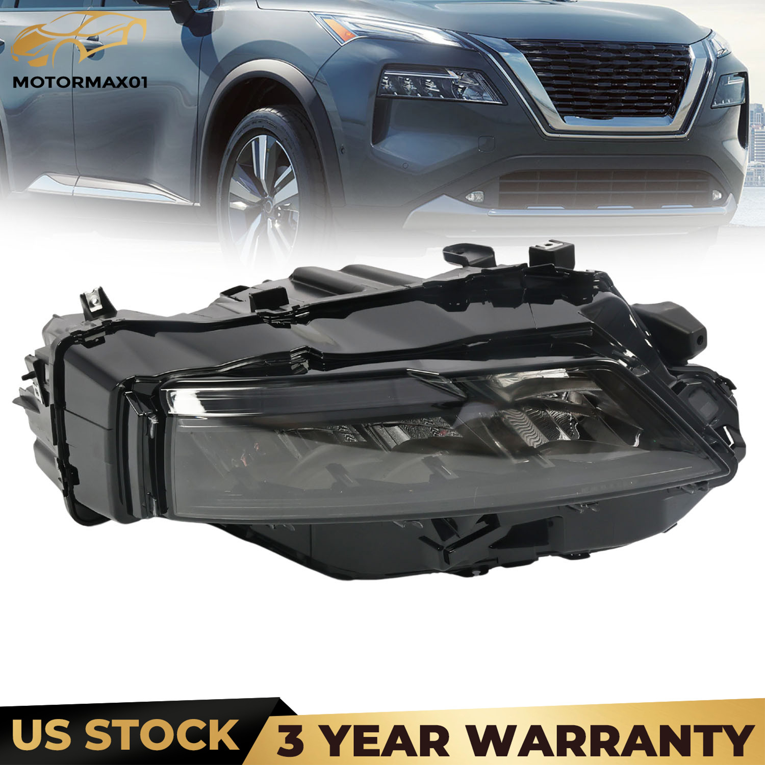Full LED Passenger Side Headlight Assembly For 2021-23 Nissan Rogue S Black Trim