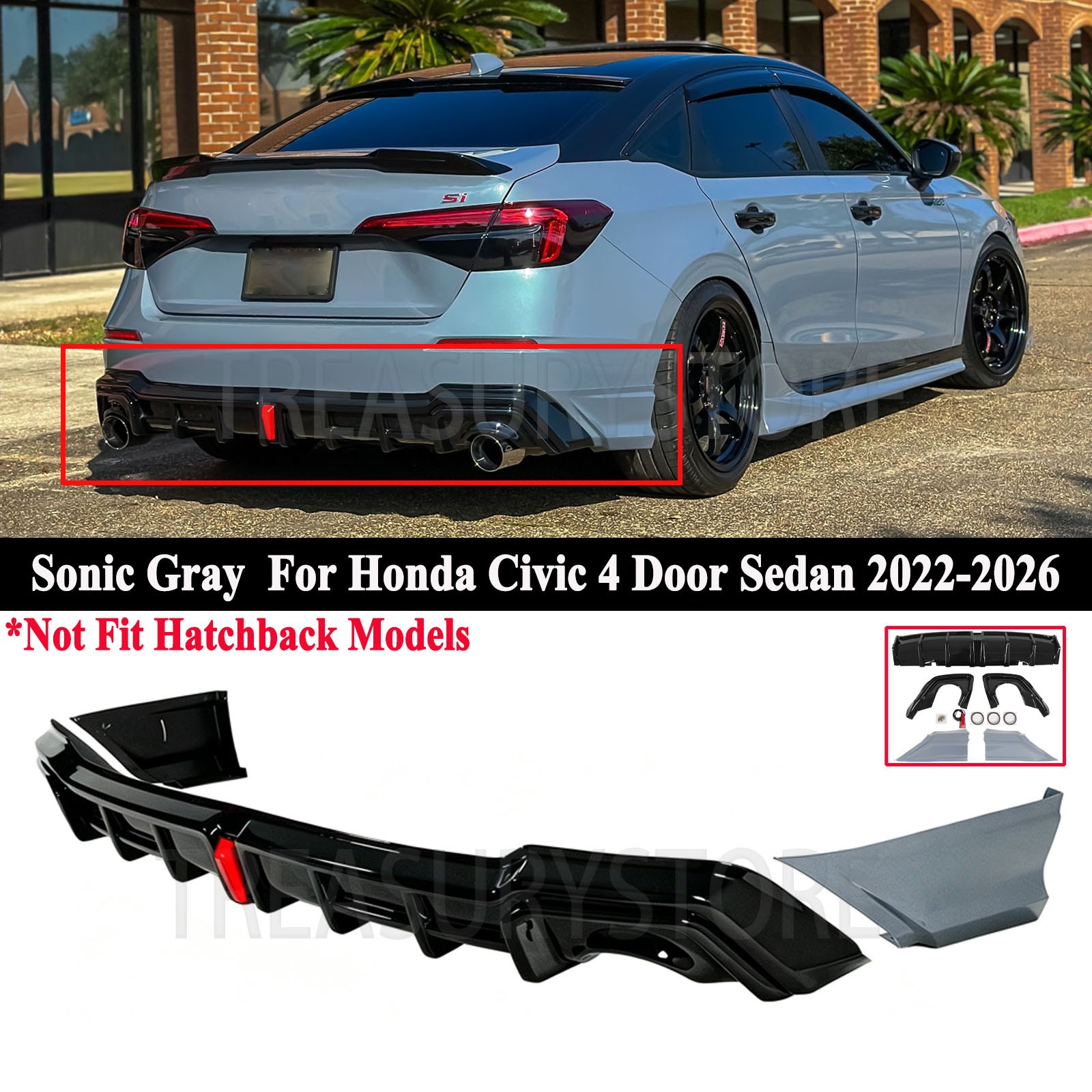 For Honda Civic Sedan 22-26 Yofer V2 Style Rear Diffuser &Sonic Gray Corner Spat