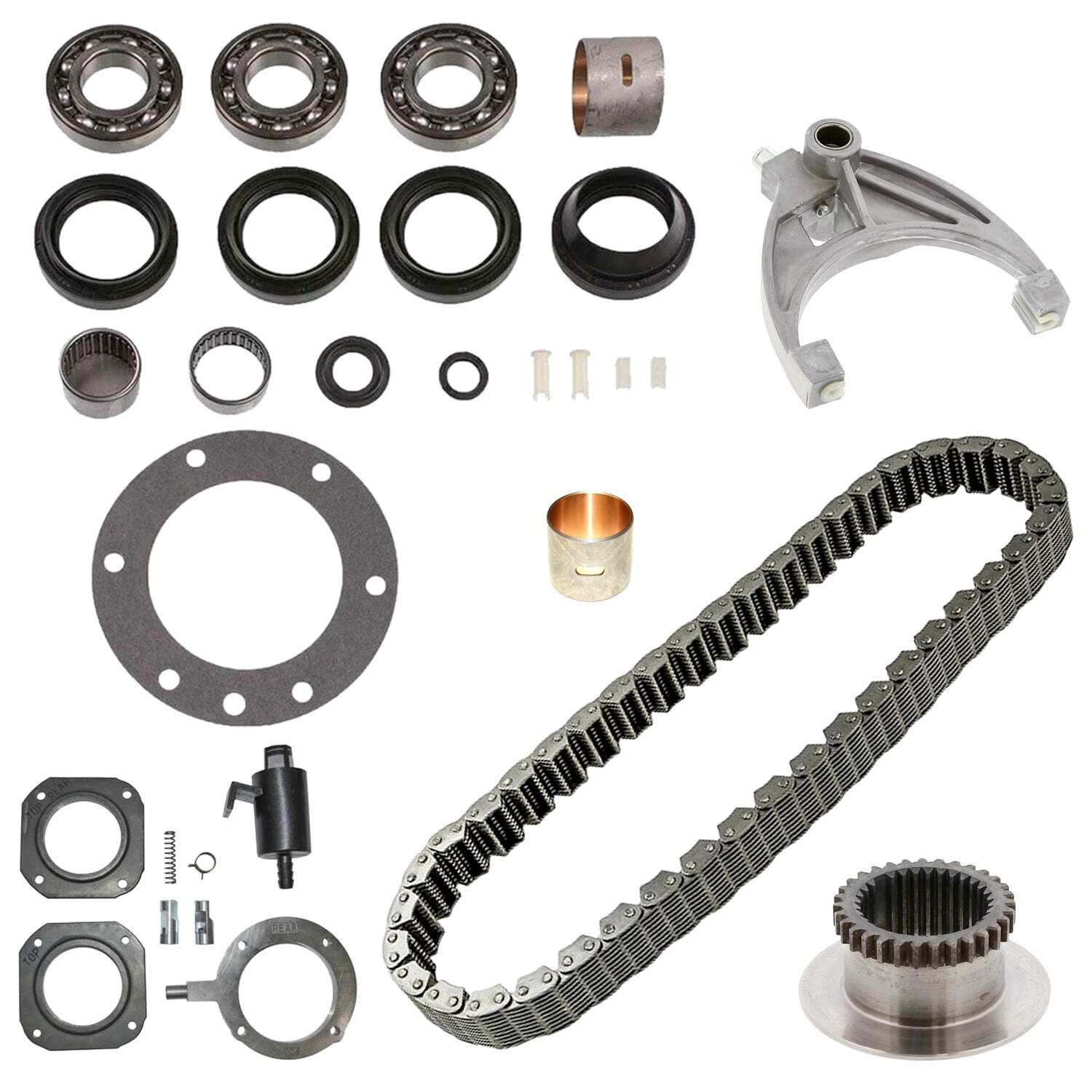 Ford BW1356 13-56 Transfer Case Rebuild Kit Bearings Seals Chain Pump Range Fork