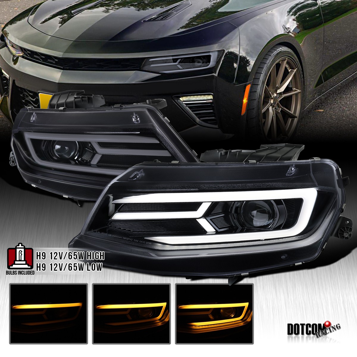 Fits 2016-2018 Chevy Camaro Smoke Projector Headlights LED DRL Sequential Signal