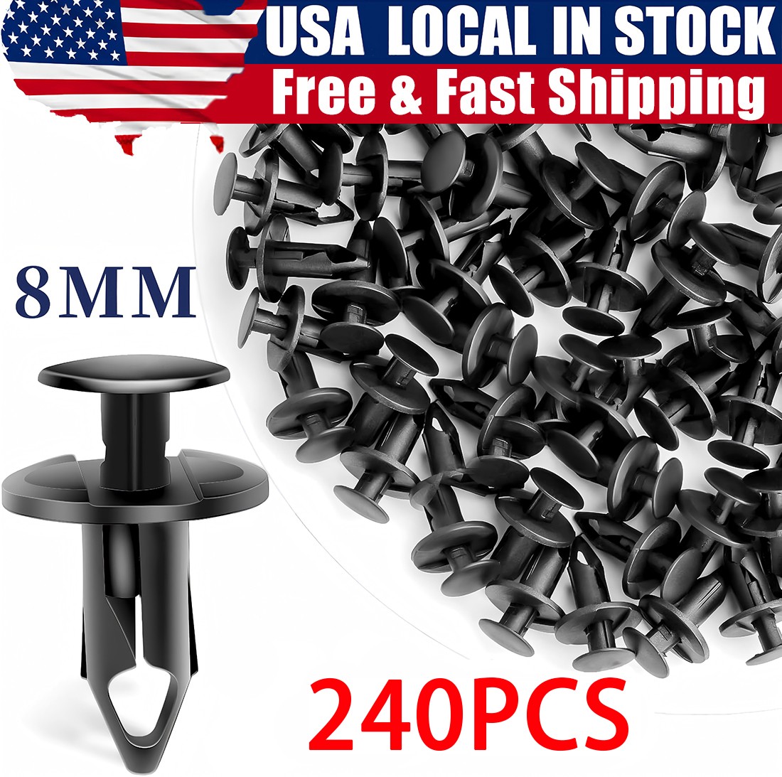 240PCS 8mm Bumper Clips Retainer Auto Car Plastic Rivets Fastener Fender Push