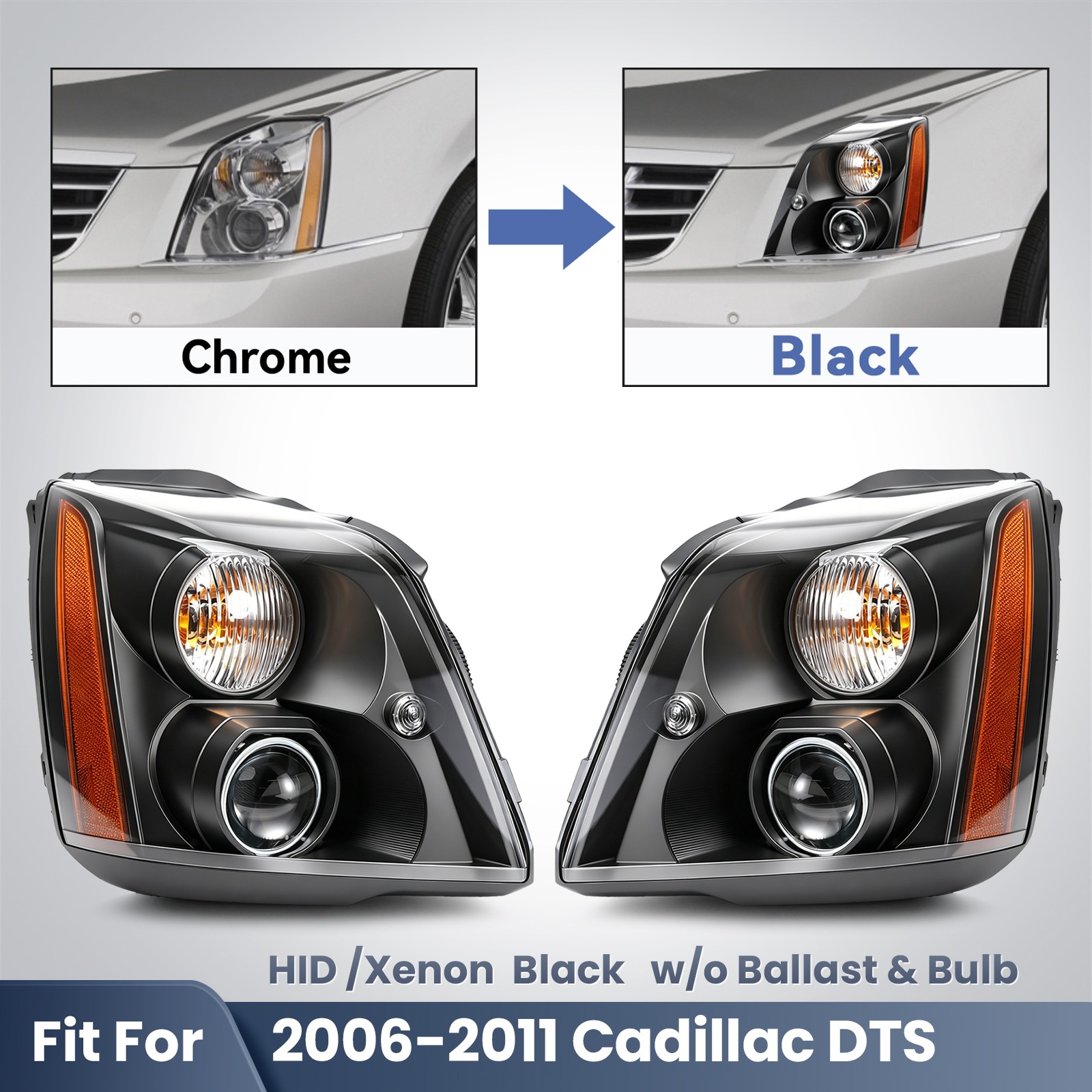 For 2006-2011 Cadillac DTS HID /Xenon Headlights Black Facelift w/o Ballast Pair