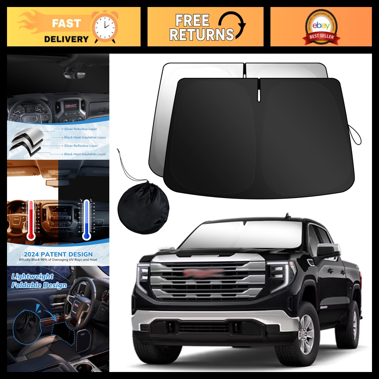 Front Windshield Sunshade for GMC Sierra 1500 2500 3500 - Foldable Sun Shield Pr