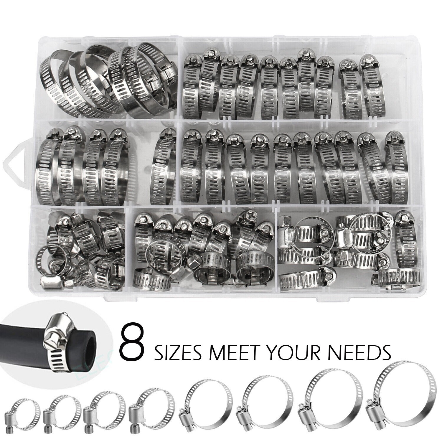 101pcs Adjustable Hose Clamps Worm Gear Stainless Steel Clamp Assortment 8 Sizes