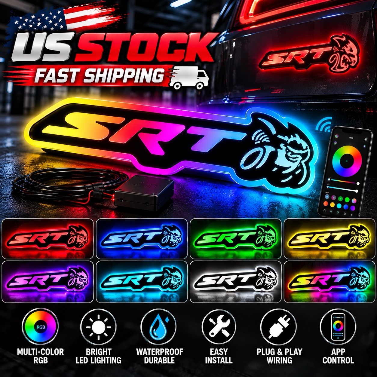 RGB SRT SCAT PACK BEE EMBLEM LED BADGE BLUETOOTH COLOR-CHASING LIGHT FOR DODGE