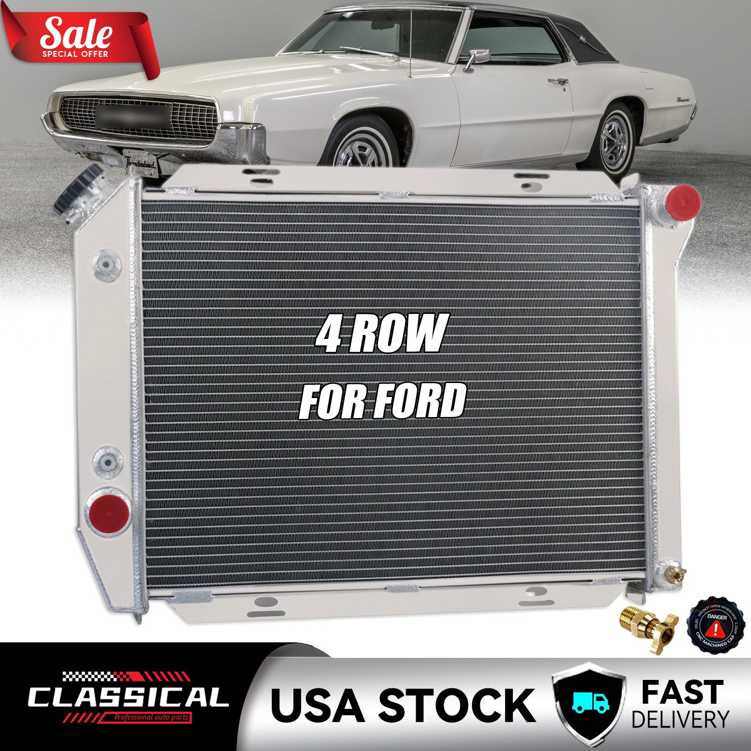 4 Row Aluminum Radiator For 1967 1968 Ford Thunderbird Galaxie 500 LTD V8
