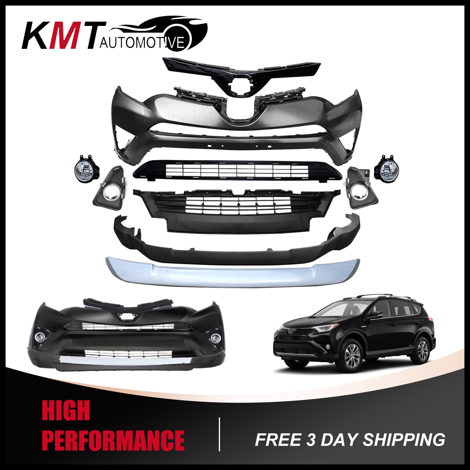 Fits 2016 2017 2018 Toyota Rav4 Front Bumper Cover Kit with Grille & Fog Lights
