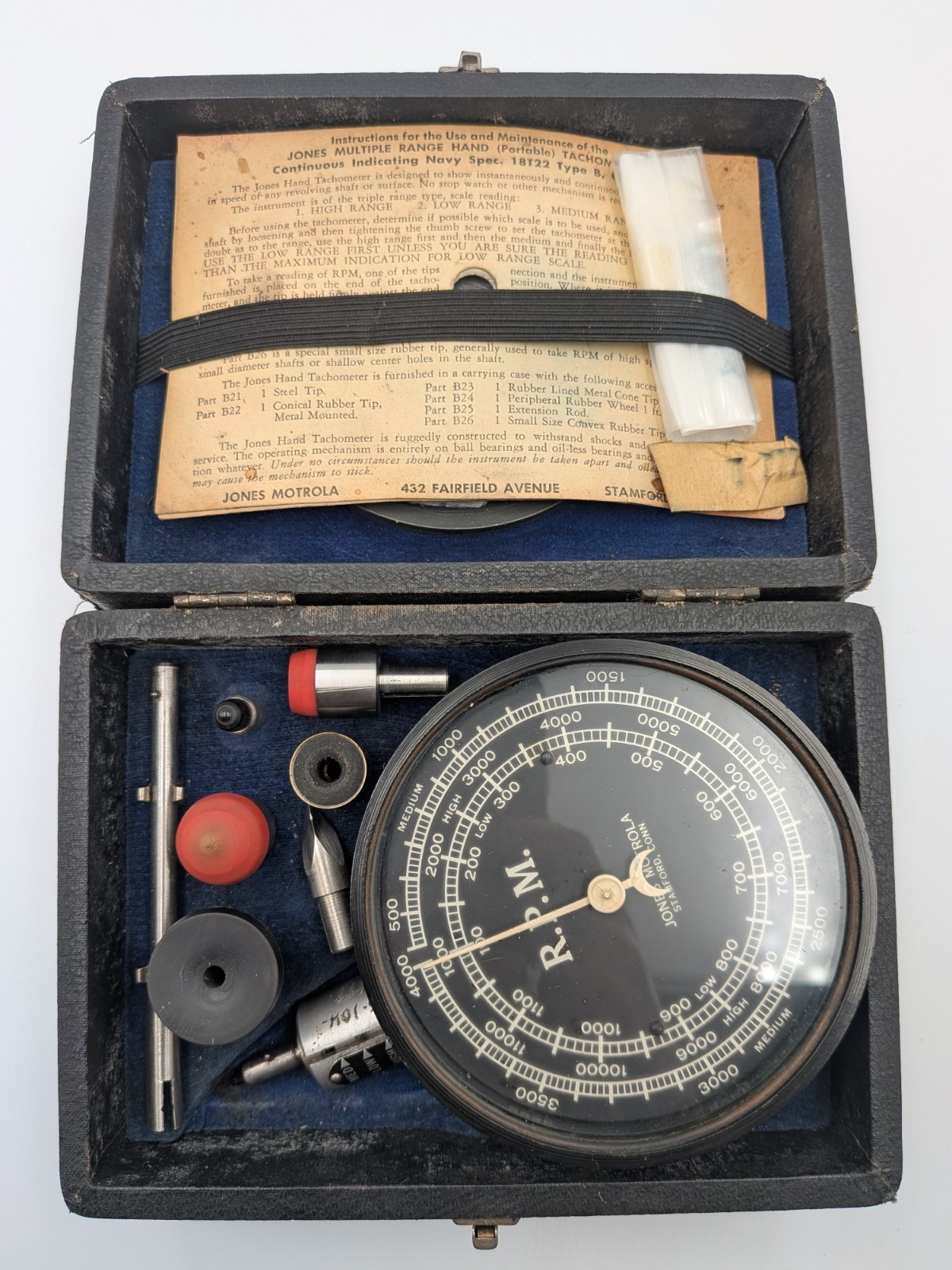 Antique Jones Motrola Mechanical Multi Range Handheld Tachometer - WORKS PERFECT