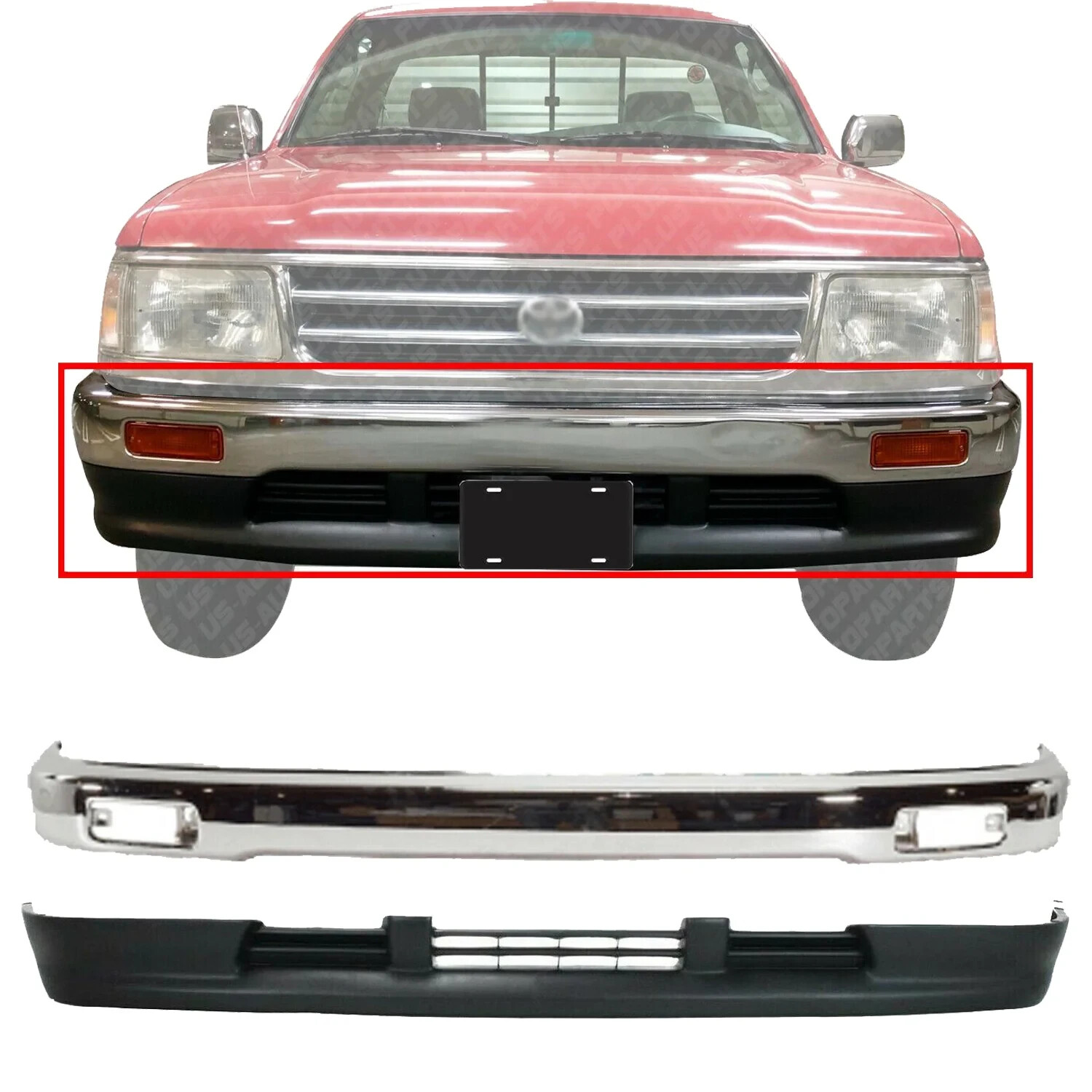 Front Bumper Chrome & Lower Valance Air Deflector For 93-98 Toyota T-100 Pickup