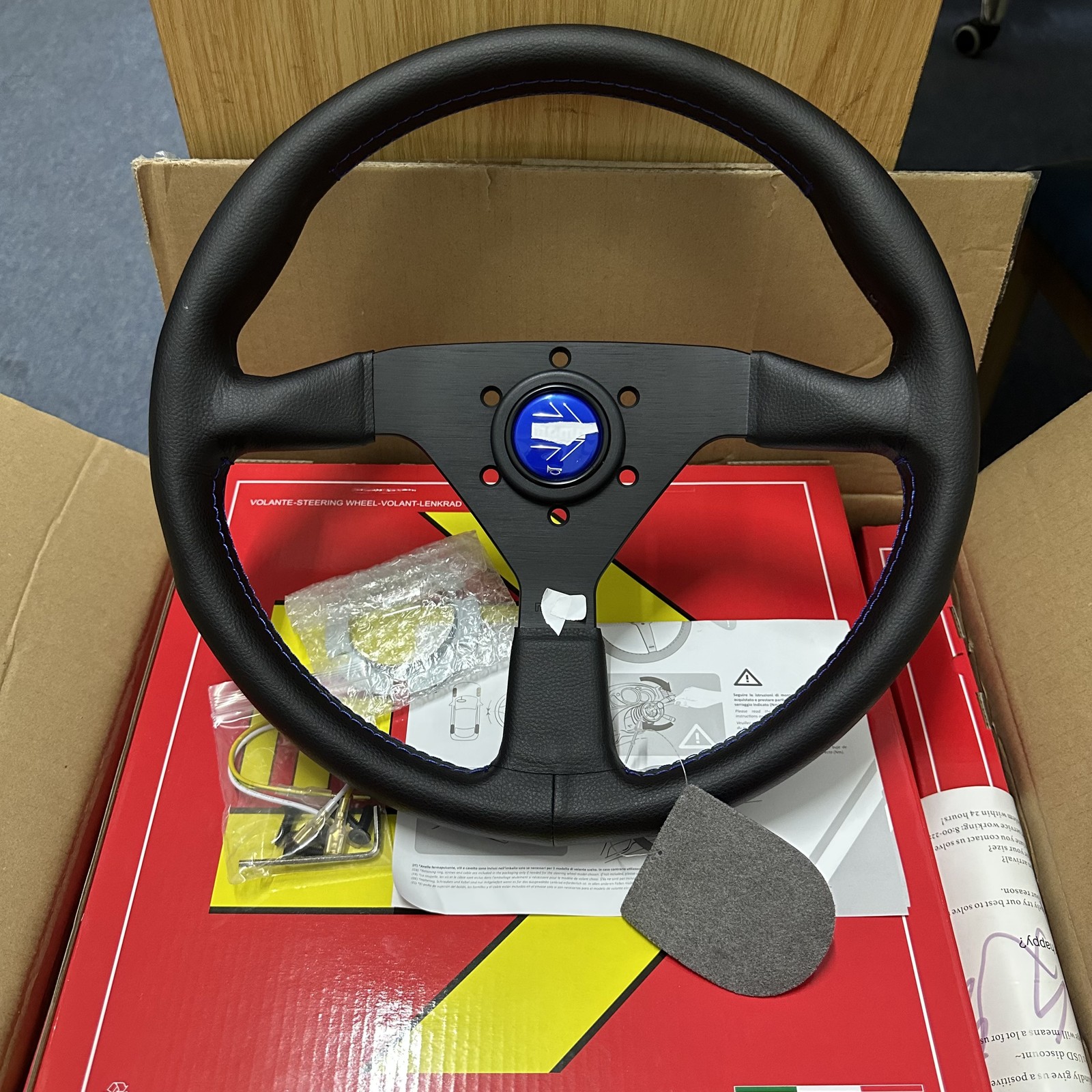 MOMO MonteCarlo PU Leather Steering Wheel 350mm/14inch Blue Stitching & Spoke