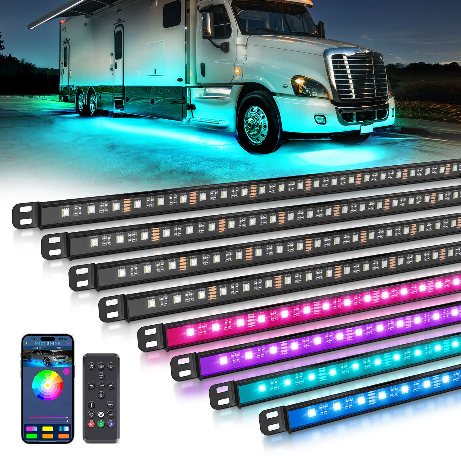 MICTUNING N8 RGBW Underglow Light Bars,8 PCS Exterior Underbody LED Light Strips