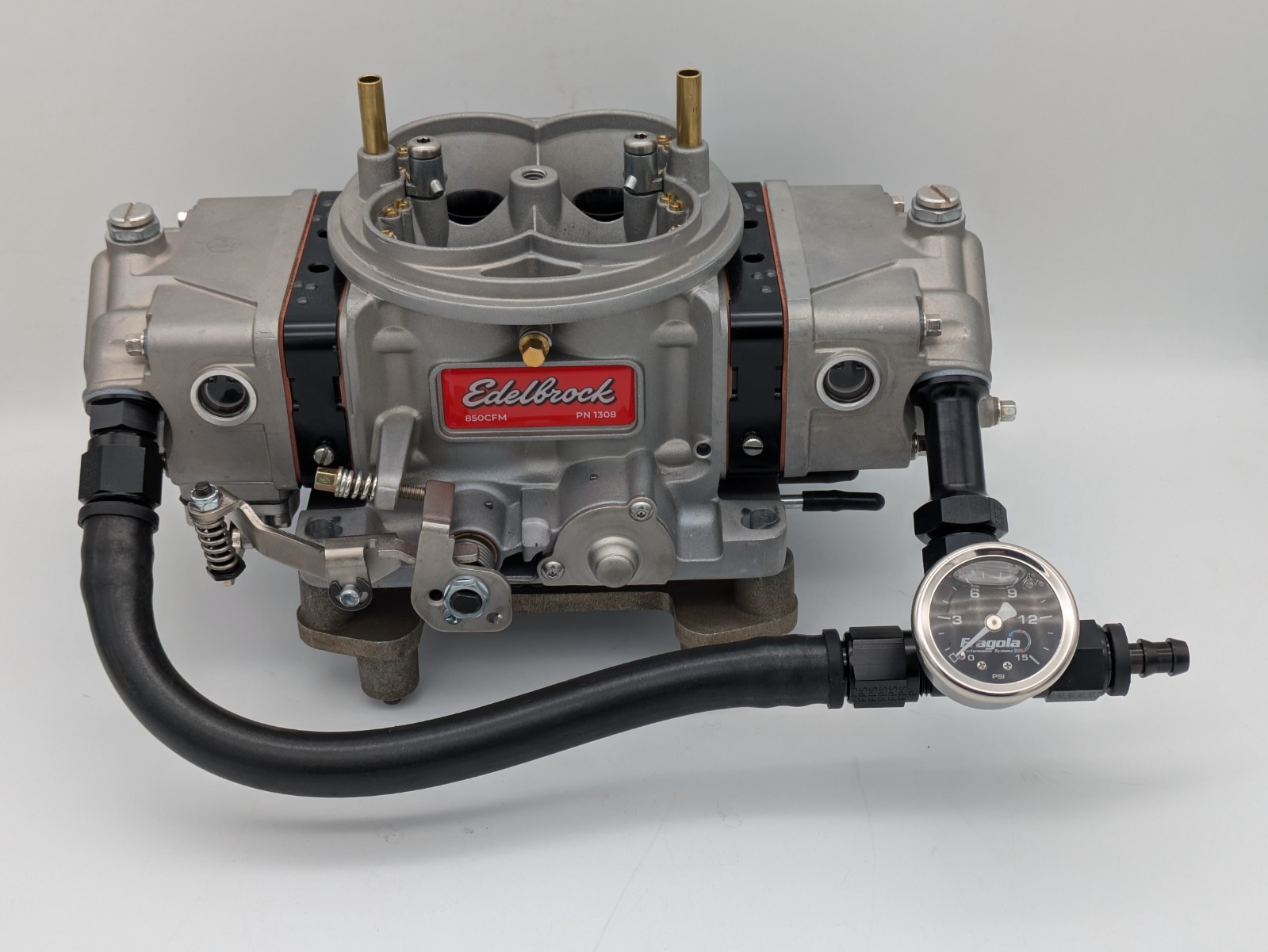 Edelbrock VRS 4150 Carb Dual Inlet Fuel Feed Line w gauge -8 AN Hose
