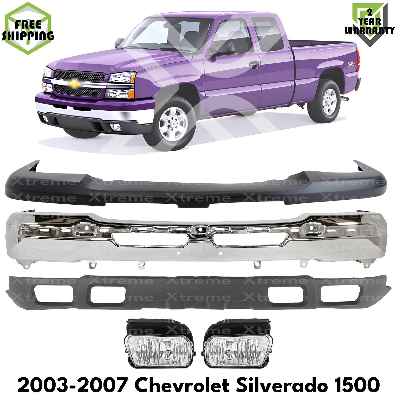 Front Bumper Chrome & Fog Lights Kit For 2003-2006 Chevrolet Silverado 1500